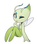  1girl antennae arttmadness blue_eyes breasts celebi collarbone fair_wings fairy female full_body gen_2_pokemon hand_up highres looking_at_viewer no_humans no_nipples one_eye_closed pokemon pokemon_(creature) simple_background sitting small_breasts smile solo white_background wings wink 