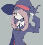  .... 1girl asymmetrical_bangs blue_hat blue_headwear blue_neckwear collar gray_background hat higa423 little_witch_academia long_hair long_sleeves purple_hair red_eyes side_bangs simple_background solo sucy_manbavaran witch_hat 