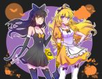  ahoge bear black_hair blake_belladonna blonde_hair bow breasts cat_tail cleavage commentary_request fang goldilocks goldilocks_and_the_three_bears hair_bow halloween halloween_costume highres iesupa looking_at_viewer medium_breasts multiple_girls prosthesis prosthetic_arm pumpkin purple_eyes rwby scrunchie stuffed_animal stuffed_toy tail teddy_bear thighhighs yang_xiao_long yellow_eyes 