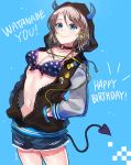  artist_name bad_id bad_pixiv_id badge bikini_top blue_background blue_eyes button_badge character_name choker cowboy_shot demon_horns demon_tail denim denim_shorts drawstring earphones front-tie_top grey_hair hand_in_pocket hands_in_pockets happy_birthday highres hood hooded_jacket horned_hood horns hyugo jacket long_sleeves looking_at_viewer love_live! love_live!_sunshine!! navel o-ring o-ring_choker polka_dot_bikini_top short_hair short_shorts shorts smile solo tail watanabe_you 