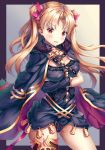  ass_visible_through_thighs asymmetrical_wings black_cape blonde_hair cape cowboy_shot crossed_arms earrings ereshkigal_(fate/grand_order) eyebrows_visible_through_hair fate/grand_order fate_(series) fur_trim hair_ribbon jewelry leotard long_hair looking_at_viewer open_mouth orange_eyes red_ribbon ribbon solo standing twintails very_long_hair wings xi_zhujia_de_rbq 