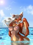  absurd_res anthro areola beach breasts canine english_text eyelashes feathered_wings feathers female fox fur green_eyes hair hand_on_breast hi_res hybrid long_hair looking_at_viewer makeup mammal navel neonyx nipples one_eye_closed outside reflection seaside smile solo text water white_hair wings wink 