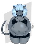  anthro belly belly_jiggle big_belly big_breasts blue_hair blue_lips bra breasts cat clothing deep_navel dwps eyes_closed feline female hair hand_on_stomach hi_res mammal navel overweight simple_background solo underwear whiskers 