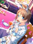  animal_ears artist_name blue_eyes bunny_ears chair creamer_(vessel) cup cupcake day drinking dutch_angle eyebrows_visible_through_hair fake_animal_ears food gloves gold_trim grey_hair hairband half_gloves highres indoors long_sleeves looking_at_viewer love_live! love_live!_sunshine!! macaron marshall_(wahooo) pocket_watch saucer short_hair sipping sitting solo stained_glass sunlight table tablecloth teacup teapot teaspoon tiered_tray watanabe_you watch white_gloves white_hairband 