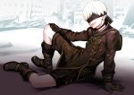  1boy black_boots black_gloves blindfold boots gloves nier_(series) nier_automata shorts white_hair yorha_no._9_type_s 