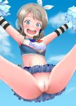  10s 1girl akasaki_555 blue_eyes blush bottomless bow breasts censored cheerleader cloud grey_hair headband headphones looking_at_viewer love_live! love_live!_sunshine!! medium_breasts mosaic_censoring navel no_panties open_mouth outdoors pom_pom_(clothes) pussy pussy_juice short_hair sky smile solo spread_arms sweat upskirt watanabe_you 