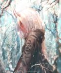  artist_name black_robe blue_eyes blush breath commentary darling_in_the_franxx day forest highres hood hood_down hooded_robe horns long_hair long_sleeves nature outdoors parted_lips pink_hair profile red_skin robe sa'yuki sharp_teeth snow snowing solo spoilers teeth tree upper_body very_long_hair winter younger zero_two_(darling_in_the_franxx) 