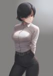  arms_behind_back belt black_hair black_pants blue_eyes breasts brown_belt buttons closed_mouth collared_shirt commentary_request contrapposto cowboy_shot dress_shirt grey_background highres large_breasts long_sleeves looking_at_viewer original pants ranma_(kamenrideroz) shirt simple_background solo standing white_shirt wing_collar 