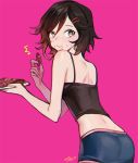  1girl caught chocolate_chip_cookie commentary_request crumbs eating ecru looking_back plate ruby_rose rwby solo surprised sweatdrop tank_top 