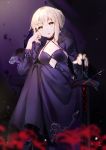  argyle_cutout artoria_pendragon_(all) bad_id bad_pixiv_id black_dress blonde_hair breasts cleavage crossed_legs dress eyebrows_visible_through_hair fate/stay_night fate_(series) gothic_lolita hair_between_eyes hand_on_hilt head_on_hand head_tilt highres lolita_fashion long_dress looking_at_viewer medium_breasts ongyageum open_mouth saber_alter sidelocks sitting sleeveless sleeveless_dress solo sparkle tied_hair yellow_eyes 