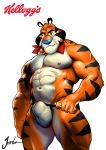  5_fingers abs anthro ascot biceps black_fur black_stripes blue_nose brown_eyes bulge clothing facial_hair fangs feline frosted_flakes fur hi_res jockstrap jordanarts kellogg&#039;s male mammal mascot multicolored_fur muscular navel neckerchief nipples orange_fur pecs simple_background solo stripes stubble tiger tony_the_tiger underwear undressing white_background white_fur yellow_eyes 