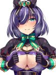  aqua_eyes aqua_neckwear black_bow black_gloves blush bow bowtie brave_girl_ravens breasts cleavage_cutout closed_mouth commentary_request gloves gold_trim hair_bow hair_over_one_eye heart_cutout heterochromia horosuke_(toot08) large_breasts looking_at_viewer multicolored_hair paizuri_invitation puffy_short_sleeves puffy_sleeves purple_eyes purple_hair short_sleeves simple_background skin_tight smile solo streaked_hair sweat two-tone_hair upper_body white_background white_hair 