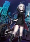  absurdres ahoge black_dress black_footwear boots city collarbone dress dutch_angle fate/grand_order fate_(series) from_below fur_trim grin ground_vehicle hand_on_hip highres jeanne_d'arc_(alter)_(fate) jeanne_d'arc_(fate)_(all) jewelry knee_boots kuraka long_hair looking_at_viewer motor_vehicle motorcycle necklace night outdoors parted_lips short_dress silver_hair smile solo wicked_dragon_witch_ver._shinjuku_1999 yellow_eyes 