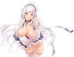  apron azur_lane bangs belfast_(azur_lane) blue_eyes blue_hairband bonnet braid breasts chain choker cleavage collar collarbone commentary_request corset eyebrows_visible_through_hair frills garter_straps hair_between_eyes hairband highres large_breasts long_hair open_mouth sagging_breasts solo swept_bangs thomasz white_apron white_background white_hair 