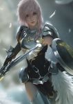  armor armpits artist_name bangs black_gloves breastplate cowboy_shot elbow_gloves feathers final_fantasy final_fantasy_xiii gloves holding holding_sword holding_weapon leather_suit lightning_farron long_hair looking_away parted_bangs pelvic_curtain pink_hair raikoart realistic shield shoulder_armor solo standing sword thighhighs vambraces weapon white_legwear 