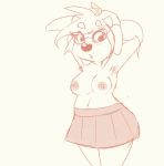  2015 anthro areola armpit_hair arms_above_head blush bovine breasts cattle clothing eyewear female freckles glasses hand_on_head hands_behind_head hi_res horn maggie_hudson mammal miniskirt monochrome nipple_piercing nipples piercing raised_arm simple_background sketch skirt solo sprocket_(artist) white_background 