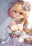  blonde_hair breasts brown_eyes cleavage collarbone cosplay detached_collar djeeta_(granblue_fantasy) dress flower granblue_fantasy hair_between_eyes hair_flower hair_ornament knights_of_glory large_breasts long_sleeves looking_at_viewer narusegawa_riko short_hair solo strapless strapless_dress the_glory the_glory_(cosplay) upper_body white_dress white_flower 