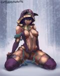  alternate_costume animal_ears animal_hood areola_slip areolae artist_name bare_shoulders breasts cat_hood cutesexyrobutts dark_skin full_body highres hood jewelry kneeling looking_to_the_side medium_breasts menat midriff navel necklace nipples o-ring purple_legwear revealing_clothes seiza signature sitting skindentation solo street_fighter street_fighter_v thick_thighs thigh_strap thighhighs thighs 