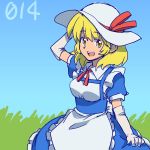  :d apron arm_at_side arm_up bangs blonde_hair blue_dress blue_sky breasts day dress elbow_gloves eyebrows eyebrows_visible_through_hair frilled_apron frilled_dress frills gloves grass hat hat_ribbon kana_anaberal lifted_by_self maid_apron medium_breasts number open_mouth outdoors puffy_short_sleeves puffy_sleeves red_ribbon ribbon shikido_(khf) short_hair short_sleeves skirt_hold sky smile solo sun_hat teeth touhou touhou_(pc-98) waist_apron white_apron white_gloves white_hat yellow_eyes 