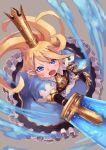  blonde_hair blue_eyes blush charlotta_fenia crown dress granblue_fantasy harvin highres holding holding_sword holding_weapon long_hair looking_at_viewer open_mouth pointy_ears solo sword tesshii_(riza4828) weapon 