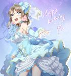  :d ascot birthday blue_dress blue_eyes blue_gloves blue_neckwear blue_ribbon breasts bridal_gauntlets brooch character_name dress elbow_gloves english flower gloves grey_hair hair_flower hair_ornament happy_birthday highres jewelry light_brown_hair looking_at_viewer love_live! love_live!_sunshine!! medium_breasts open_mouth ribbon ring sash short_hair smile solo surfing_orange tiara veil watanabe_you wedding_band 
