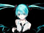  arm_tattoo bangs bare_shoulders black_background black_neckwear blue_eyes blue_hair collared_shirt commentary detached_sleeves eyebrows eyebrows_visible_through_hair grey_shirt hair_between_eyes hair_ornament hatsune_miku highres long_hair long_sleeves looking_at_viewer necktie number number_tattoo ozyako shirt simple_background sleeveless sleeveless_shirt smile solo tattoo twintails upper_body very_long_hair vocaloid 