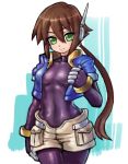  aile bangs bodysuit bodysuit_under_clothes bracelet breasts brown_hair commentary_request covered_navel cropped_jacket drill_(emilio) eyebrows_visible_through_hair green_eyes hair_between_eyes highres jewelry long_hair looking_at_viewer ponytail puffy_short_sleeves puffy_sleeves rockman rockman_zx rockman_zx_advent short_sleeves shorts sidelocks skin_tight small_breasts smile solo spandex tight white_shorts 