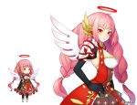  aki_no_jikan black_gloves black_legwear braid breasts character_request cleavage dress elbow_gloves gloves hair_ornament halo hand_on_hip long_hair looking_at_viewer maru-kichi medium_breasts multiple_views official_art pink_hair red_dress red_eyes standing twin_braids watermark white_wings wings 