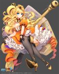  61um black_legwear blonde_hair blue_eyes breasts brown_footwear cleavage dress frilled_dress frills full_body glint grey_background hair_ornament hand_on_own_knee hat high_heels invisible_chair large_breasts looking_to_the_side official_art orange_dress panzer_waltz puffy_sleeves sitting smile solo t26e5_(panzer_waltz) two_side_up watermark yellow_hat 