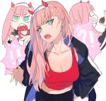  breasts cow_(shadow) darling_in_the_franxx earrings fangs green_eyes hairband horns jacket jewelry long_hair medium_breasts multiple_views pink_hair red_shirt shirt speech_bubble white_hairband zero_two_(darling_in_the_franxx) 