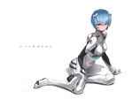  ayanami_rei blue_hair bodysuit breasts closed_mouth commentary_request gloves looking_at_viewer medium_breasts neon_genesis_evangelion plugsuit red_eyes short_hair simple_background sitting solo white_background white_bodysuit white_gloves winddale 