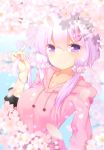  bad_id bad_pixiv_id bangle bangs blurry blurry_background blurry_foreground blush bracelet bunny_hair_ornament cherry_blossoms closed_mouth collarbone crescent day depth_of_field drawstring eyebrows_visible_through_hair flower hair_flower hair_ornament hairclip highres holding holding_hair hood hood_down hoodie jewelry long_sleeves looking_at_viewer outdoors pink_hair pink_hoodie shiny shiny_hair short_hair_with_long_locks sidelocks smile solo spring_(season) tareme upper_body vocaloid voiceroid yusake_san yuzuki_yukari 