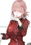  bangs biting braid breasts commentary fate/grand_order fate_(series) florence_nightingale_(fate/grand_order) glove_biting gloves hair_tie harutask highres large_breasts military military_uniform pink_hair ponytail red_eyes sleeves_rolled_up solo uniform white_gloves 