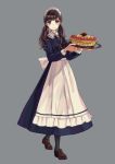 apron bangs blue_dress blue_eyes blush brown_footwear cake closed_mouth collared_dress dress eyebrows_visible_through_hair food frills full_body grey_background holding holding_tray kashiwagi_chisame loafers long_hair long_sleeves low_twintails maid maid_headdress original pantyhose shiny shiny_hair shoes simple_background smile solo standing tareme tray twintails waist_apron white_apron 