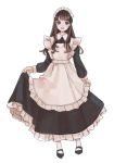  :d apron bangs black_dress black_footwear blush brown_hair collared_dress dress eyebrows_visible_through_hair frilled_apron frilled_dress frills full_body kashiwagi_chisame long_dress long_hair long_sleeves looking_at_viewer maid maid_headdress mary_janes open_mouth original shiny shiny_hair shoes sidelocks simple_background sketch skirt_hold smile solo standing white_apron 