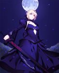  argyle_cutout artoria_pendragon_(all) atomel blonde_hair blue_dress blue_flower blue_ribbon breasts choker cleavage collarbone dark_excalibur detached_sleeves dress fate/stay_night fate_(series) flower from_below full_moon hair_ribbon highres holding holding_sword holding_weapon long_dress looking_at_viewer medium_breasts moon night petals ribbon saber_alter short_hair sky sleeveless sleeveless_dress solo standing sword weapon yellow_eyes 