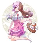  anna_miller apron blouse brown_hair commentary_request cup frills heterochromia highres iesupa long_hair milk multicolored_hair name_tag neo_(rwby) pink_apron pink_eyes pink_hair pink_skirt purple_eyes rwby saucer skirt solo sugar_cube tea teacup tray waitress white_blouse 