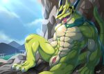  abs animal_genitalia anthro armor barazoku barefoot biceps bna_v5 claws dragon future_card_buddyfight genital_slit green_skin headgear helmet horn looking_down male manly muscular navel nude officer_delta_(buddyfight) open_mouth outside pecs scalie sharp_claws sharp_teeth sitting slit solo teeth toe_claws tongue tongue_out triceps 