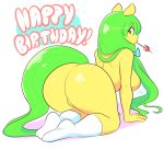  ! 2016 all_fours anthro big_breasts big_butt birthday breasts butt butt_focus clothing earth_pony english_text equine fan_character female fur green_hair hair horse legwear long_hair looking_back mammal mango_(character) my_little_pony pony pussy red_eyes simple_background socks solo text theycallhimcake thick_thighs white_background yellow_fur 