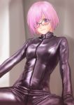  bodysuit commentary_request fate/grand_order fate_(series) glasses hair_over_one_eye halterneck highres kilye_4421 latex lavender_hair looking_at_viewer mash_kyrielight purple_eyes short_hair skin_tight solo 