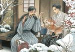  alcohol animal animal_on_lap bare_tree black_hair blush camellia choko_(cup) commentary_request copyright_request cup dog eating fish flower food geta graphite_(medium) grey_eyes grill hakama holding holding_food japanese_clothes kimono looking_at_another male_focus multiple_boys new_year outdoors porch sake sandals sash shiba_inu shichirin sitting skewer smoke snow stone_lantern striped tabi tokkuri traditional_media tree watercolor_(medium) white_legwear wide_sleeves window ying_zhang 