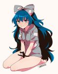  bangs bare_legs barefoot between_legs blue_eyes blue_hair blush bottomless bow breasts closed_mouth dated eyebrows eyebrows_visible_through_hair frown full_body grey_bow grey_hoodie hair_between_eyes hair_bow hand_between_legs highres hood hood_down long_hair nose_blush paper shikido_(khf) short_sleeves signature silver_background simple_background single_tear sitting small_breasts solo stuffed_animal stuffed_cat stuffed_toy sweat tears touhou v_arms very_long_hair wariza yorigami_shion 