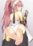  ankle_cuffs ass backless_outfit bare_shoulders barefoot body_blush bracelet braid commentary_request dancer dress fantasy feet fire_emblem fire_emblem:_kakusei gold_trim hairband jewelry long_hair looking_at_viewer looking_back lying neck_ring olivia_(fire_emblem) on_stomach pink_hair pokokaki ponytail pov_feet see-through shiny shiny_skin side_braid sidelocks simple_background soles solo 