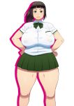  blush breasts brown_hair curvy hands_on_hips highres huge_breasts lips long_hair looking_at_viewer oota_azami original plump ponytail purple_eyes school_uniform skirt smile solo tetrodotoxin thick_thighs thighs 