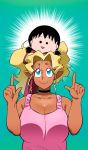  90s black_hair blonde_hair blue_eyes breasts chibi_maruko-chan commentary_request dark_skin huge_breasts kuramitsu_mihoshi mizutani_yuuko multiple_girls pointing pointing_up ribbon_bangs sakura_sakiko seiyuu_connection smile tank_top tenchi_muyou! tetrodotoxin 