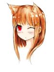  animal_ears brown_hair eyebrows_visible_through_hair hair_ornament hairclip holo long_hair mou_(piooooon) one_eye_closed red_eyes solo spice_and_wolf wolf_ears wolf_girl 