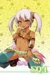  1girl bad_id belt bikini breasts dancer dancer_(sekaiju) dark_skin earrings feathers gem harem_outfit harem_pants jewelry kneeling looking_at_viewer navel necklace painted_nails pants sekaiju_no_meikyuu silver_hair small_breasts solo swimsuit tongue tongue_out twintails vambraces white_hair yellow_eyes 