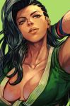  asymmetrical_hair black_hair bracelet breasts breasts_apart brown_eyes cleavage cornrows dark_skin front-tie_top green_background hand_in_hair hankuri jewelry large_breasts laura_matsuda lips long_hair no_bra nose solo street_fighter street_fighter_v upper_body 