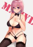  areola_slip areolae bad_id bad_pixiv_id bangs bare_arms bare_shoulders bikini black-framed_eyewear black_bikini black_legwear blush bow bowtie breasts character_name cleavage closed_mouth commentary detached_collar dhfz181 eyebrows_visible_through_hair fate/grand_order fate_(series) front-tie_bikini front-tie_top glasses grey_background hair_between_eyes hair_over_one_eye hand_on_own_chest highres lace lace-trimmed_thighhighs lace_trim large_breasts looking_at_viewer mash_kyrielight navel pink_hair purple_eyes purple_hair shiny shiny_skin short_hair side-tie_bikini simple_background sitting smile solo stomach swimsuit tareme thighhighs underboob 