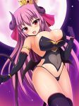  2018 armwear big_breasts blush breasts bustier camel_toe cleavage clothed clothing crown demon elbow_gloves female gloves hair horn humanoid kitsuneiro legwear long_hair moon navel not_furry open_mouth outside pink_hair red_eyes sky slit_pupils solo star thigh_highs thong wings 